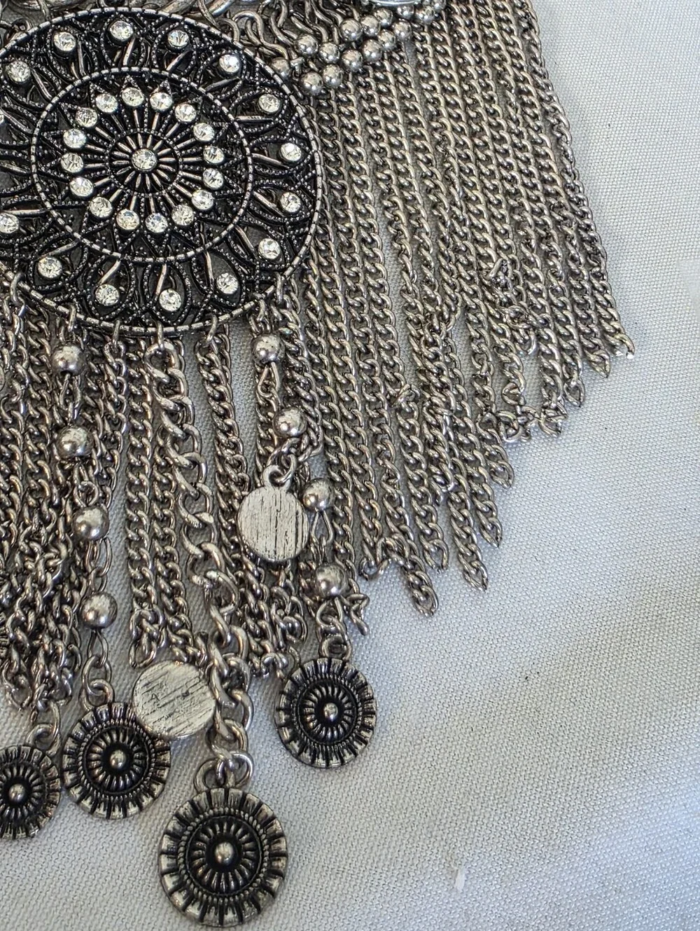Boho Mixed Metal Statement Bib Necklace Rhinestones Chain Fringe Medallion